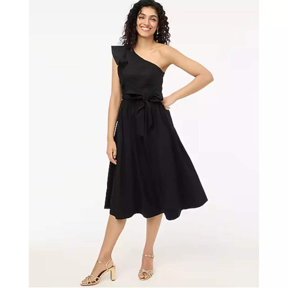 J.‎ Crew Womens One Shoulder Midi Dress Tie Waist Ruffle Trim Black Size 8 NWT
